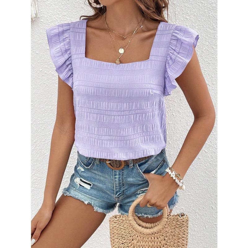 Women's Trend Spring Summer Fashion Square Collar Ruffled Shirt Top