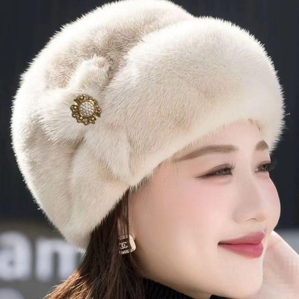 Thickened Bucket Hats Pearl Flower Decor Thermal Hat Solid Color Women Winter Hat  Autumn Winter