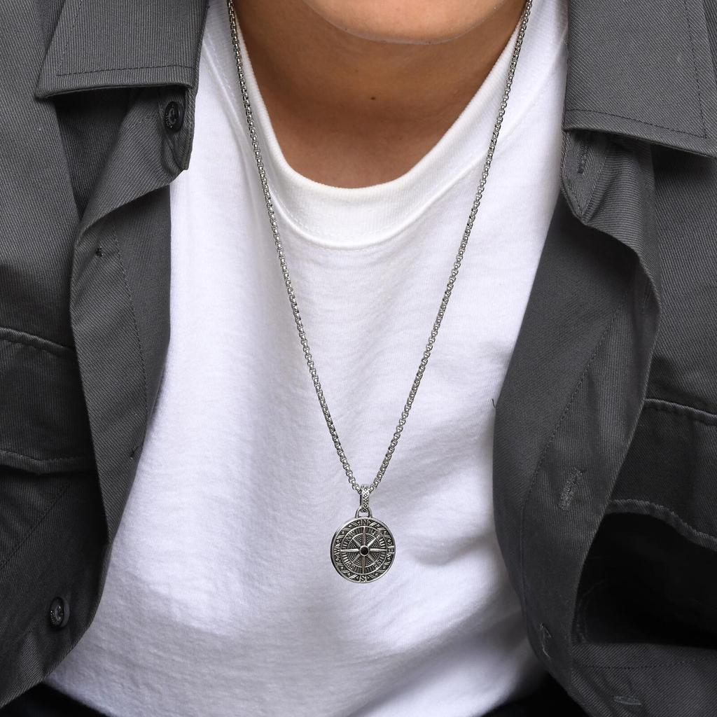Vintage Kompass Anhänger Halsketten für Männer Jungen, Edelstahl Münz Halskette, Rock HipHop Halsband Abschluss Führungs Geschenk