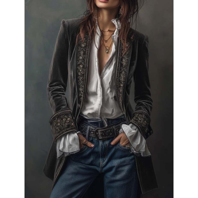 MGHR Women's Vintage Casual Solid Color Print Autumn Winter Long Sleeve Jackets & Coats