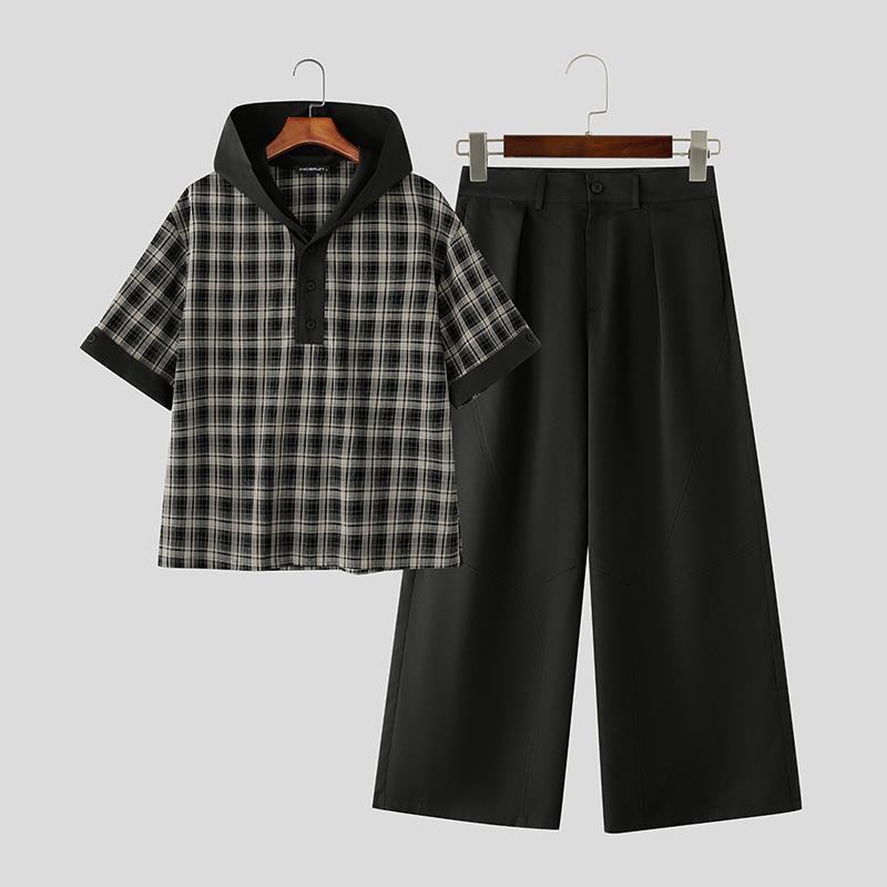 

INCERUN Two Pieces Men Print Short Sleeve Plaid Hooded T-shirts Long Straight Pants Sets Outfits 5XL чёрный