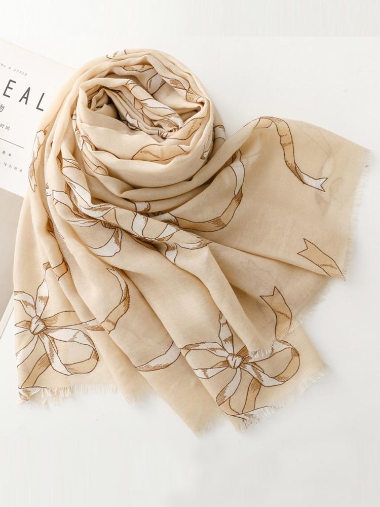 Elegant Women Cotton Linen Silk Scarf Wrap Shawl Sweet Bow Print Ladies Sunscreen Bandanas Hijab Mujer Scarve Pareo Casual New