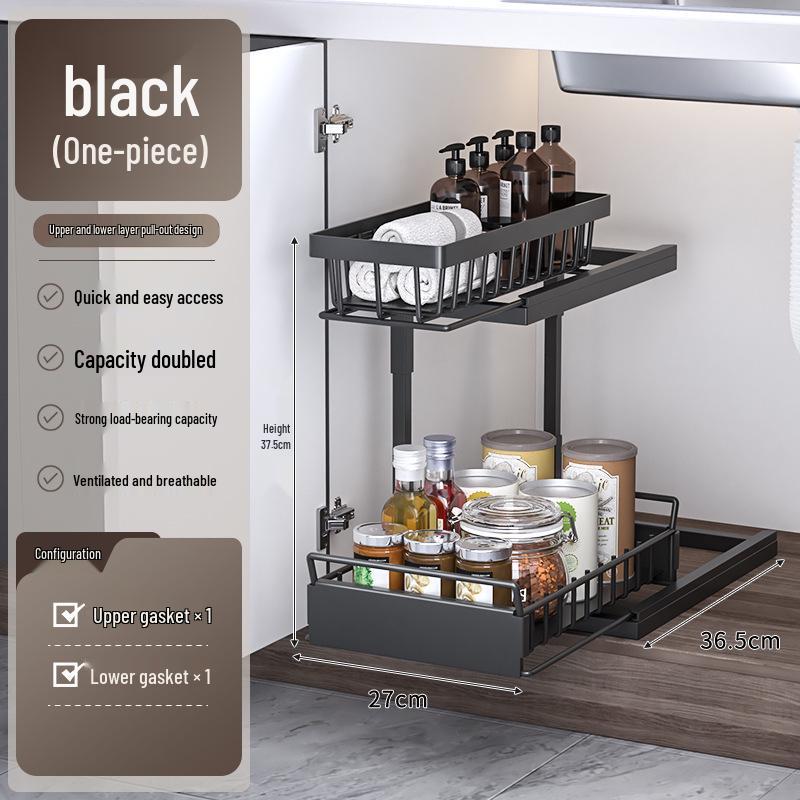 Multi-layer Kitchen Sink Storage Rack with Pull-out Shelves and Seasoning Bowl Holder