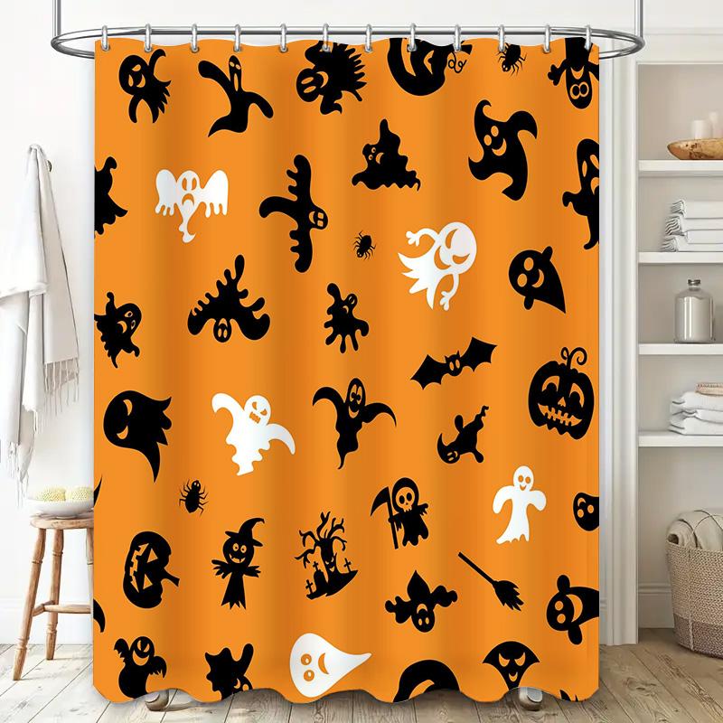 Halloween-themed Waterproof Shower Curtains Featuring Spooky Ghosts and Goblins In Black and White On a Bright Orange Background