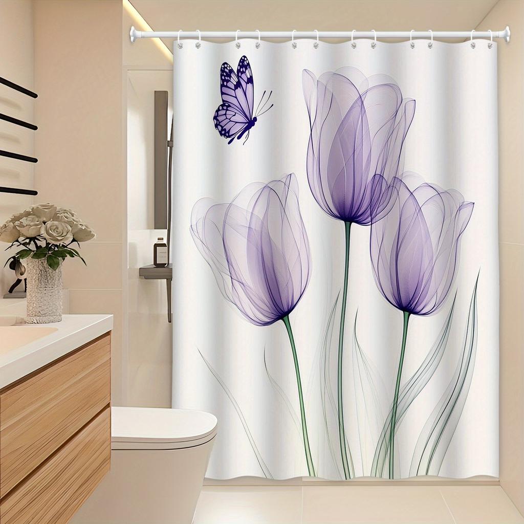 Ethereal Lavender Tulip Shower Curtain - Butterfly Design, Semi-Transparent Petals, Green Stems, Machine Washable