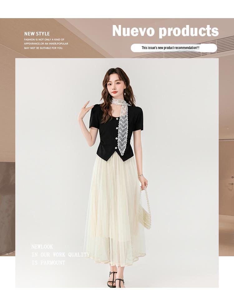 Elegant Knitted Short Sleeve Top & Mesh Skirt Set with Lace Scarf - Summer 2025