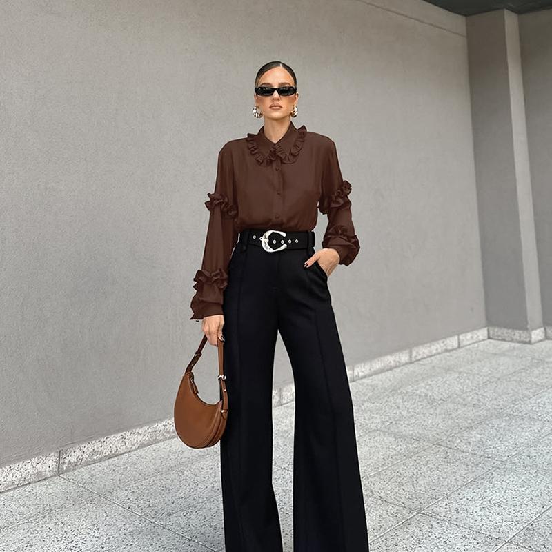 Spring Autumn Fashion Women's Cotton Blouse Long Sleeve Lantern Sleeve Ruffle Accent Loose Fit Chic Top Elegant Everyday Shirt