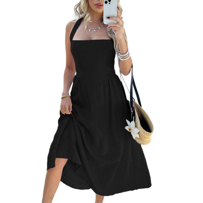 2025 Spring/Summer European and American Amazon Casual Resort Style Solid Color High-Waisted Sleeveless Halter Dress for Women