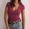 Summer Short Sleeve Cross V-neck Slim Fit Women T-shirt Solid Color Casual Simple Shirts Female Fashion Sweet Elegant Elegant Office Tops Blouse