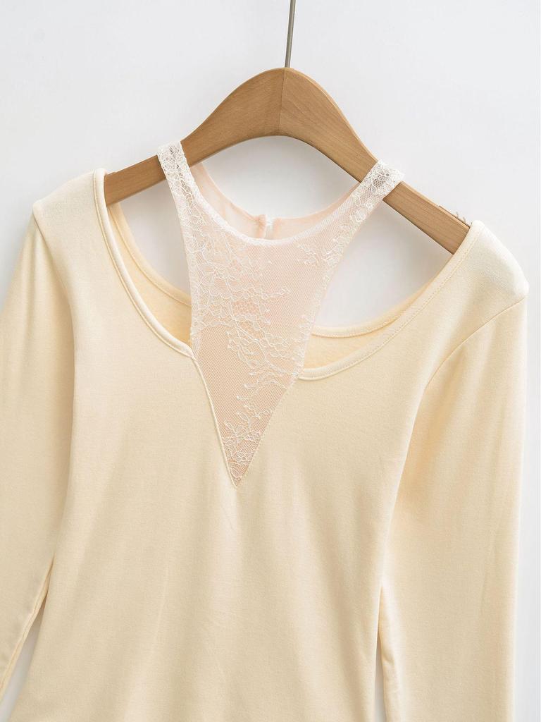 Chic Retro Lace Patchwork Long Sleeve Slim Fit Two-Piece Style Top for Women
