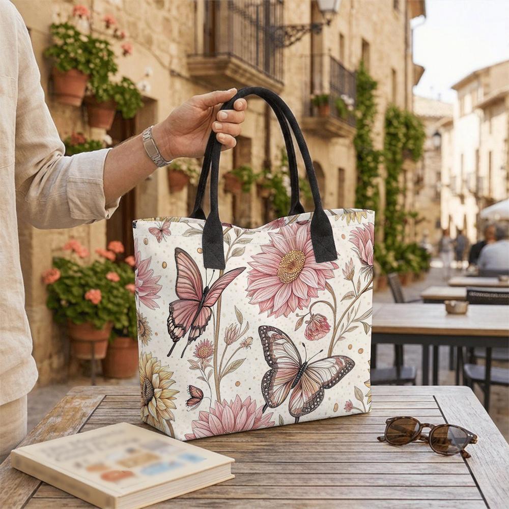 Floral Butterfly Tote Bag Fashion Casual Large Capacity Canvas Shoulder Bag for Women Daily Use