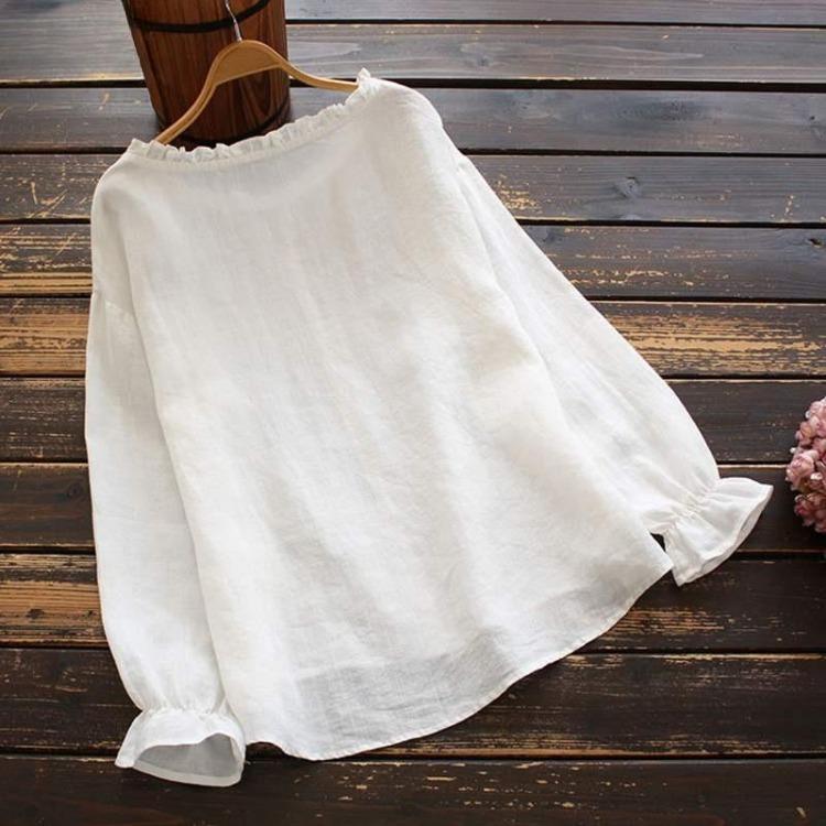 Vintage Cotton Embroidery Floral Blouse Long Sleeve Loose Casual Ruffled Top Women Chemise Autumn Shirt