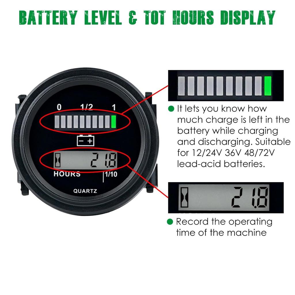 Yooreal 12/24V 36/48V 72V Golf Cart Battery Meter,Hour Meter&Battery Indicator Gauge Meter Lead-Acid Battery(Excluded Trojan),Charging Reminder,for