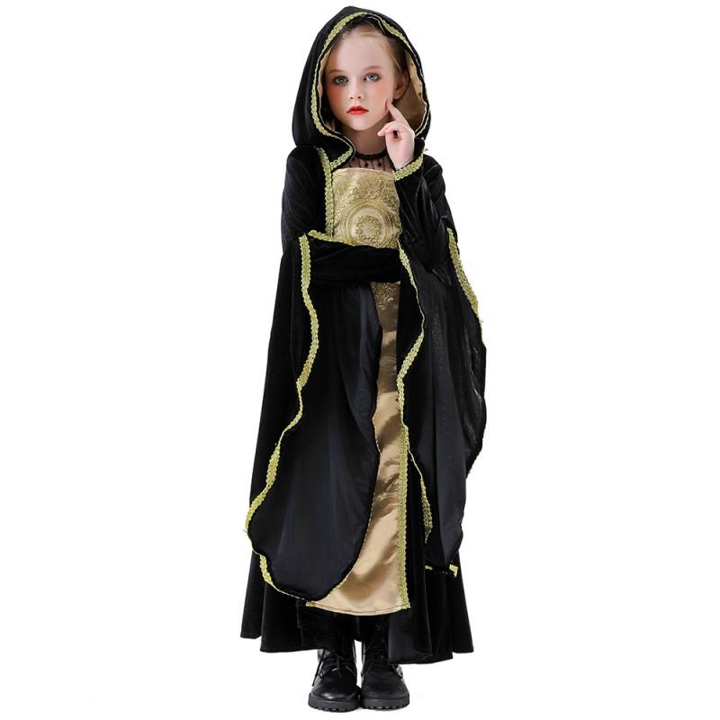 Medieval Queen Costume Kids Gothic Renaissance Dress Halloween Party Cosplay Outfit With Hooded Skirt