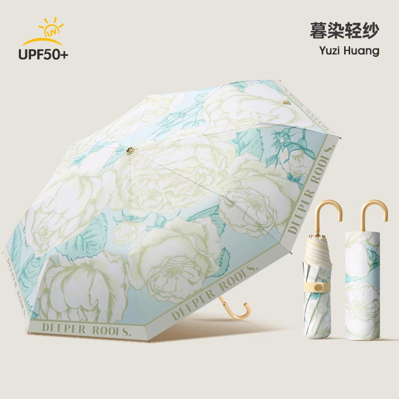 High value three-fold 8-bone small gold hook colored glue fabric sunscreen and UV protection folding parasol can be