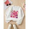 European sizes Girls' Soft Crewneck Sweatshirt, Pink Flowers & Green Leaves Pattern with Cute Print, Casual All-Match, Ideal Holiday Present