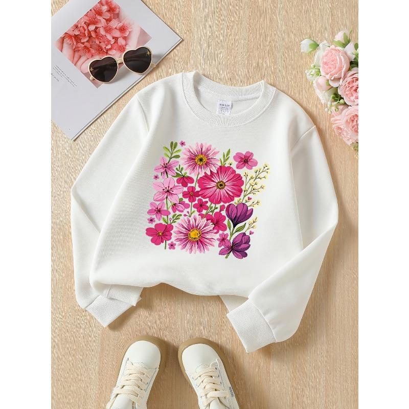 European sizes Girls' Soft Crewneck Sweatshirt, Pink Flowers & Green Leaves Pattern with Cute Print, Casual All-Match, Ideal Holiday Present
