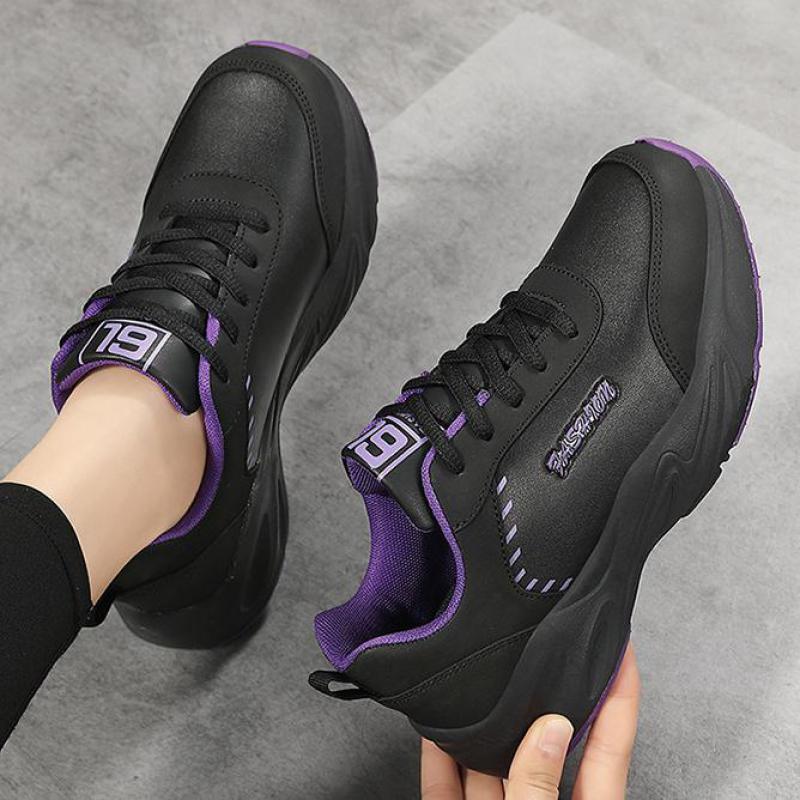 Fashion Black Leather Sports Sneakers Casual Lightweight Non-slip Shoes Women 2024 Spring Outdoor Comfort Slip On Jogging Running Shoes