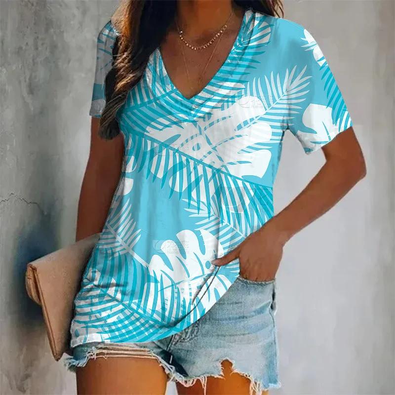 Summer Women Fashion T-shirt Tropical Plants Graphic V-Neck Tops Tees Female Vintage Short Sleeve Clothing Ladies Casual Outfit