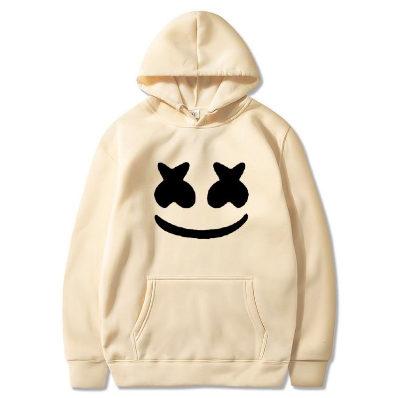 Mens Marshmello Smiley Face Hooded Sweatshirt Loose Fit Cotton Blend Winter Pullover