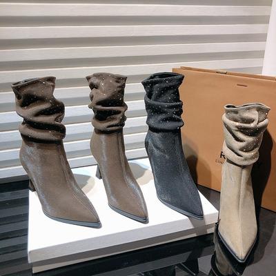 Mode Herbst Winter Kristall Frau High Heel Stiefeletten Schuhe Mode Spitzschuh Slipper Damenschuhe Modern Kurz Botas Para Mujer