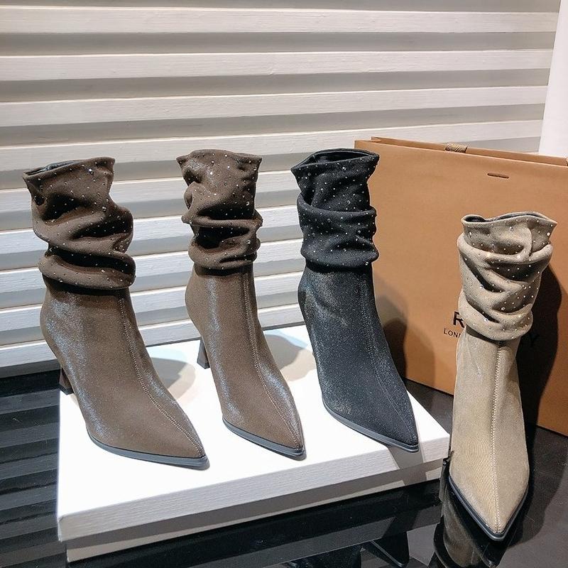 Fashion Autumn Winter Crystal Woman High Heel Ankle Boots Shoes Fashion Pointed Toe Slip On Shoes Ladies Modern Short Botas Para Mujer