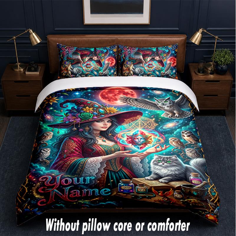 Witchcraft Theme Custom Text Or Name 3Pcs Bedding Set,1 Flat Sheet & 2 Pillowcases Personalized Home Bedding