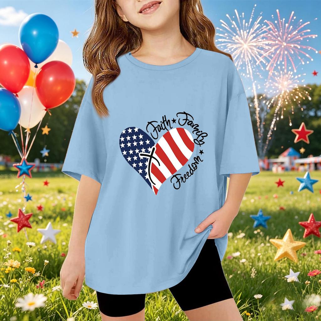 Kids Short Sleeve T Shirt Independence Day Graphic Tee Faith Family Freedom Printed Top Casual Fit Comfortable Fabric