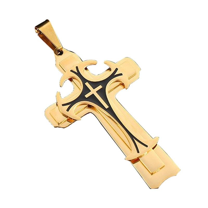 Titanium Steel Long Necklace European And American Domineering Pattern Three Layer Cross Pendant Necklace
