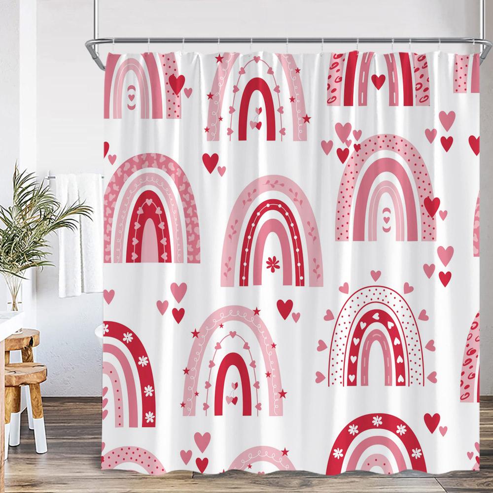 

Cartoon Shower Curtain Autumn Leaf Heart Pattern Pink Love Doodle Bathroom Decor Kid Child Polyester Bath Curtain with Hook 90x180cm-35x70in