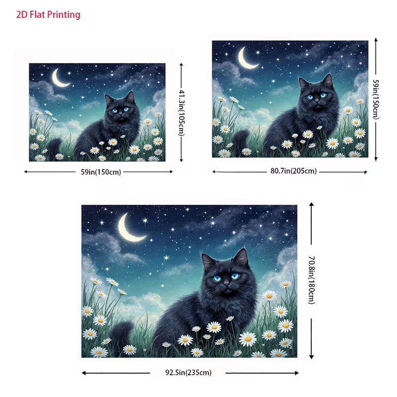 2D Magical Moonlight Cat Backdrop Cloth, Night Sky & Flower Photo Background