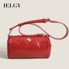 IELGY simple oil wax leather solid color cylindrical women's bag, versatile soft surface small round bag, shoulder messenger bag
