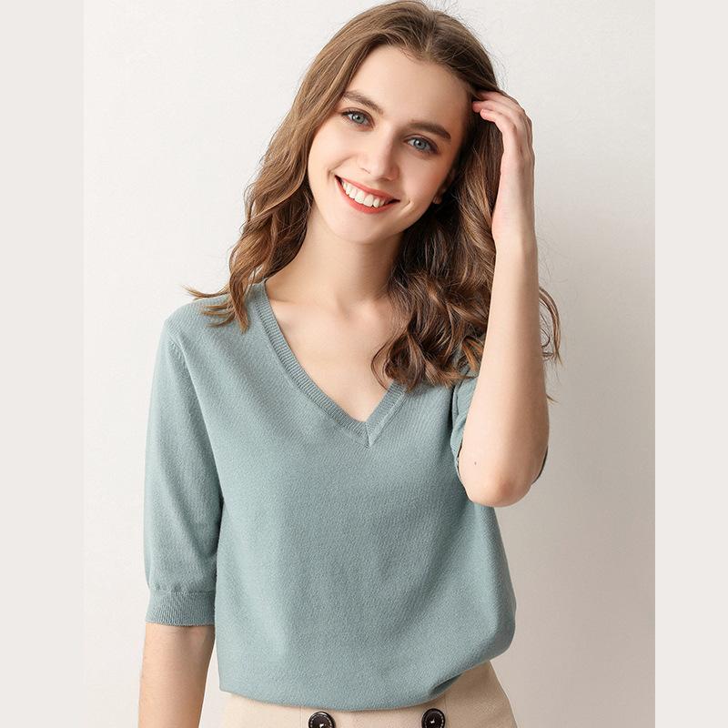 GMXIA Spring Summer Fashion Solid Color V-neck Pullover Knitted Sweater for Women