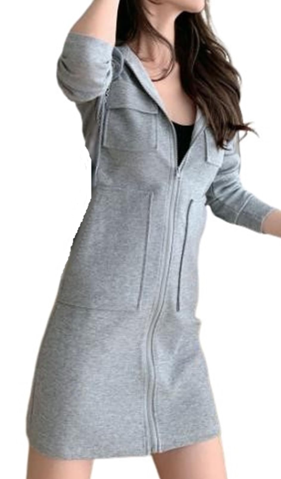 

toasoa Long Long with Hood and Pockets Women s Hoodie, Sleeve, Zip-Up, Lightweight, (02 - L, Gray) серый