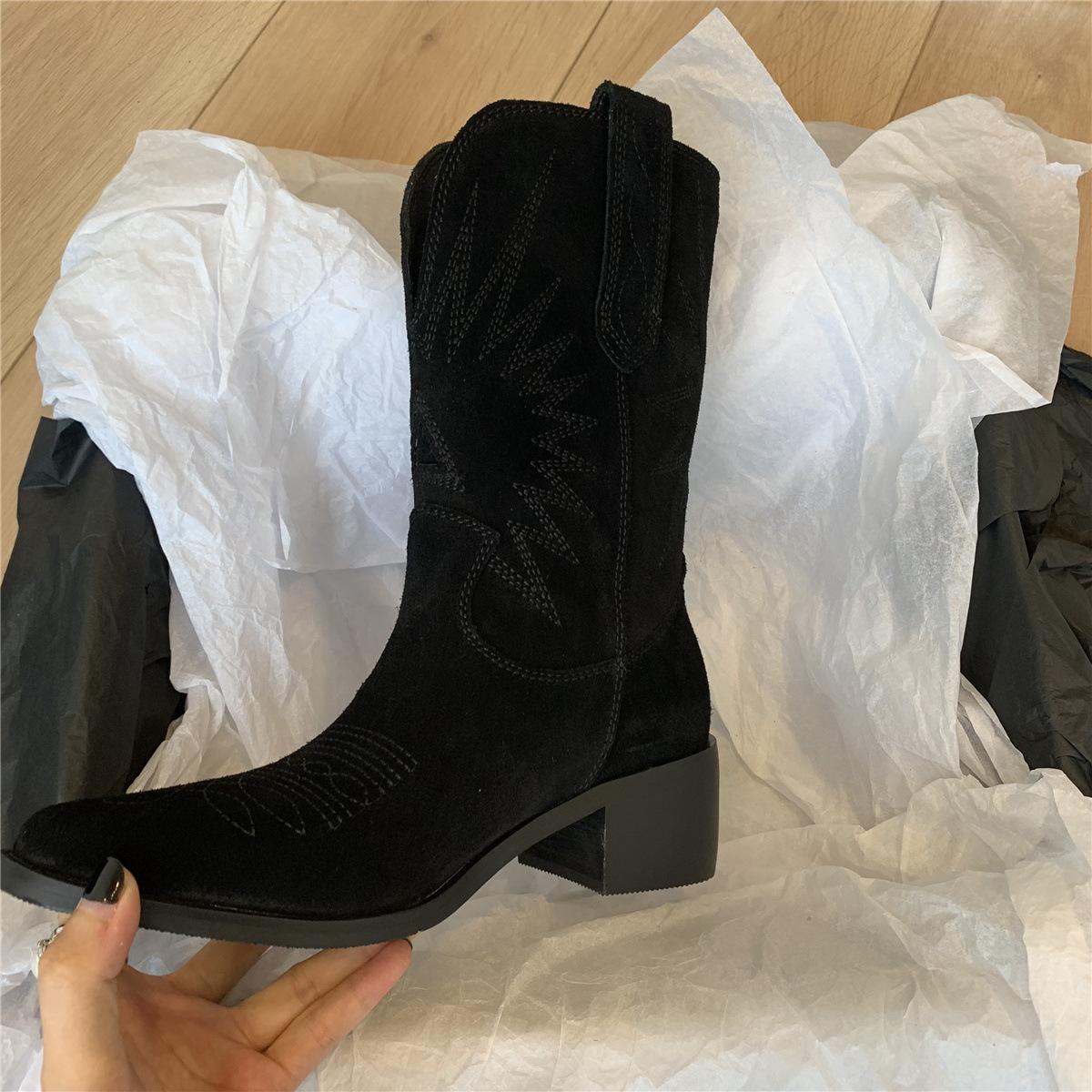 

Женские ковбойские ботинки, дропшиппинг, осень-зима, вышитые цветы, женские ботильоны, модная женская обувь, большой размер 43 43 чёрный