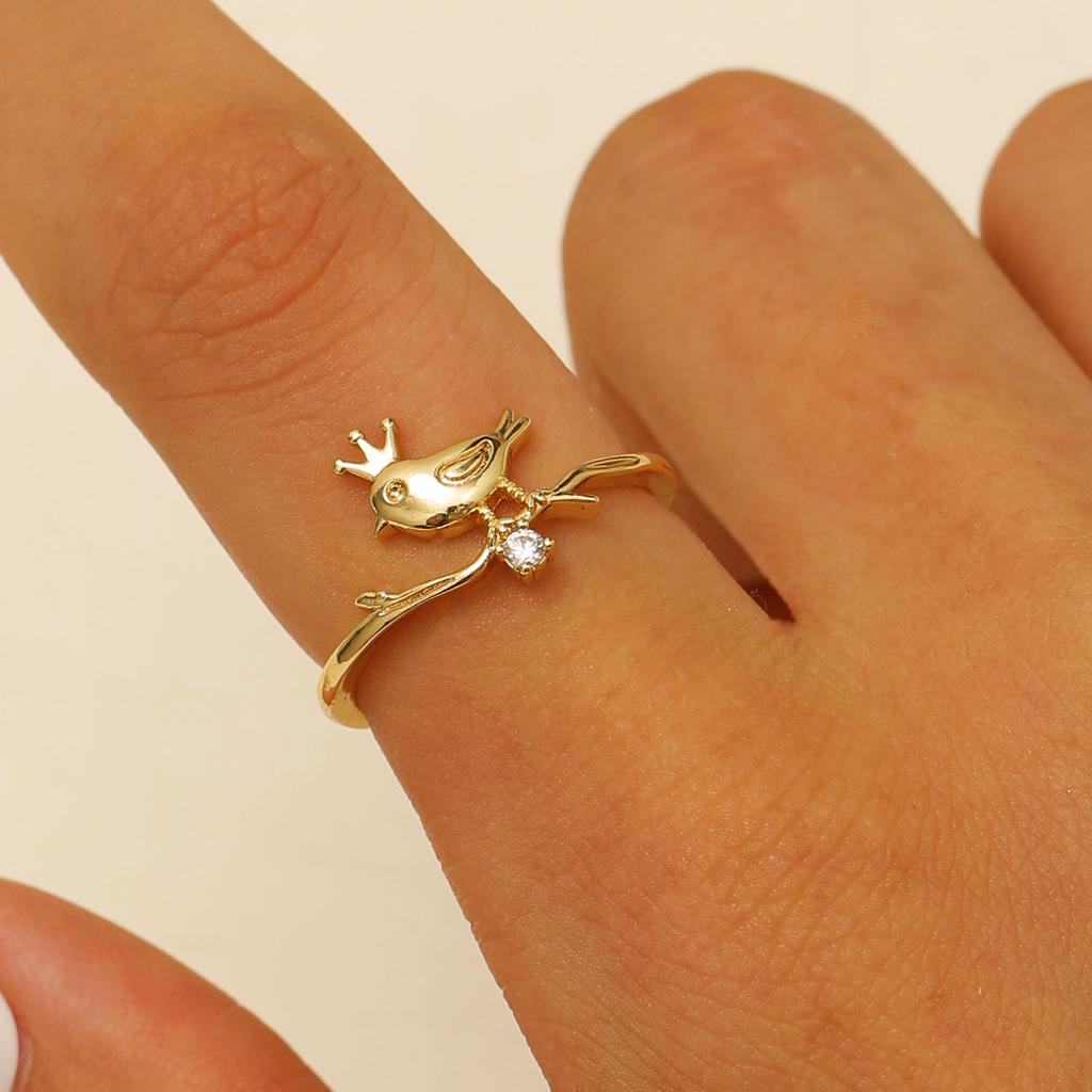 Hummingbird & Flower Open Ring Collection, Gold/Silver Tone Adjustable Gemstone Bird Rings for Women