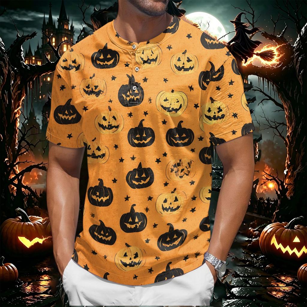 Men's Halloween Print Crew Neck Short Sleeve Top with Pumpkin and Web Pattern Casual Fit T Shirt for Daily Wear