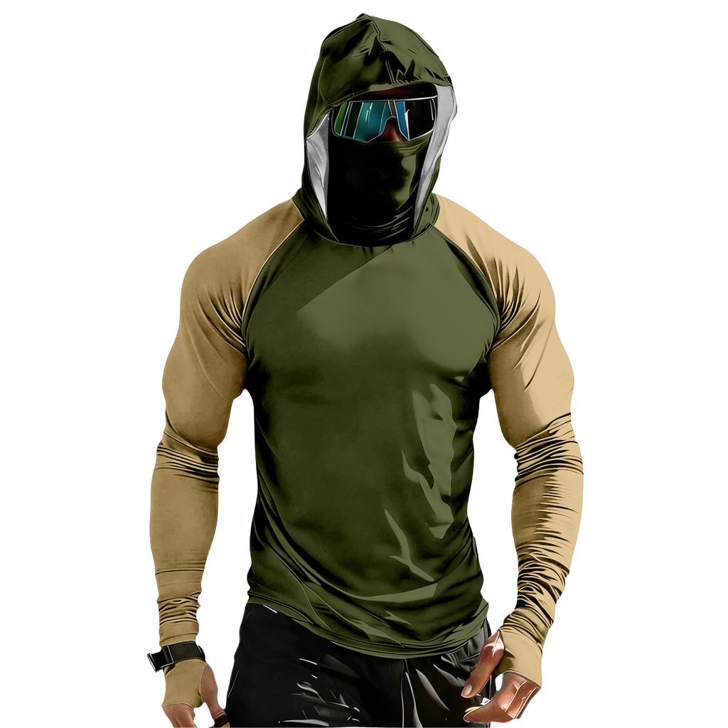 Maglia da Uomo a Maniche Lunghe con Cappuccio, Prestazioni Elevate, Mascherina Integrata e Maniche Raglan per Attività all'Aperto, Abbigliamento Sportivo