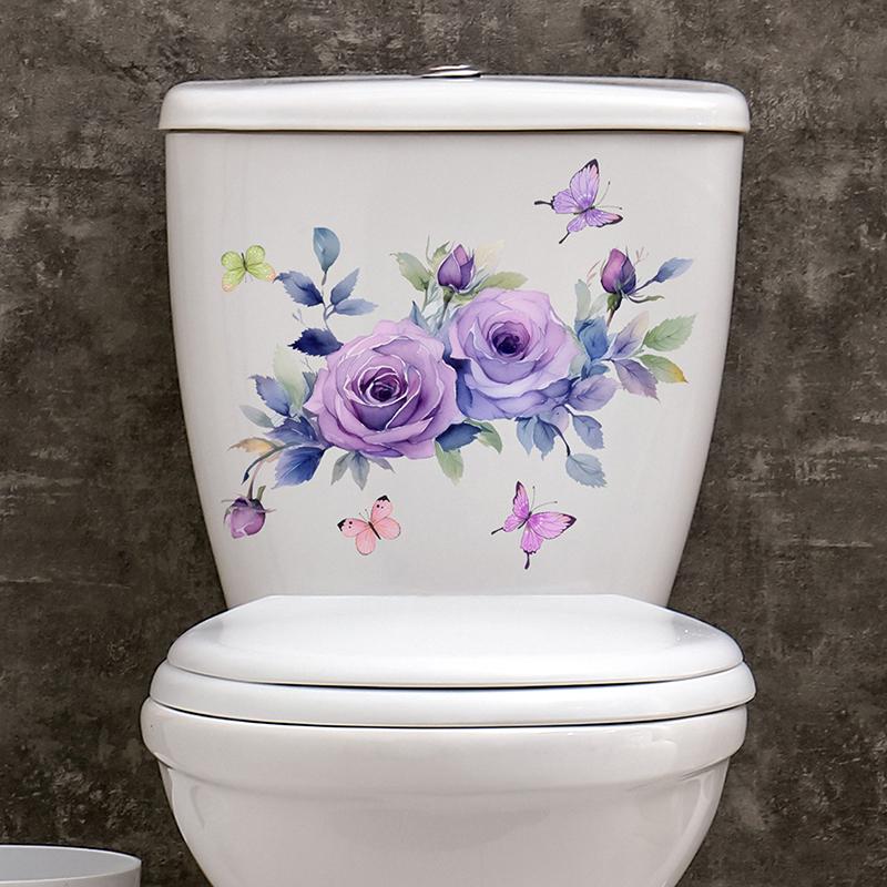 Toilettendeckel Aufkleber Lila Blumen Badezimmer Toilette Wand Fenster Aufkleber Aufkleber Heimdekoration Selbstklebende Aufkleber