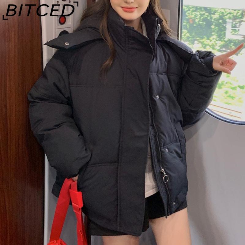 BITCED New Style Women's Winter Short-Length Hooded Puffer Jacket with Design-Forward Thickened Fleece Lining