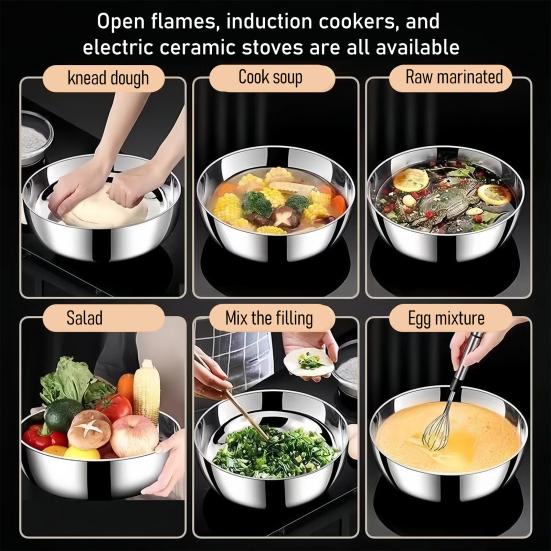 Stainless Steel Mixing Bowl Multi-Functional Dough Kneading Salad Basin Non-Slip Bottom Deep Mixing Bowl for Splash-Free Whisking Induction Cooktop