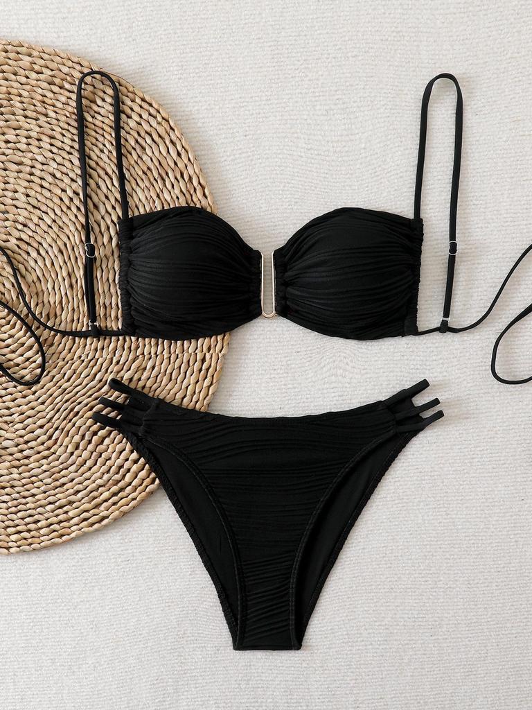 2025 European & American Strappy Backless Pleated Bikini Set – Solid Color Swimwear