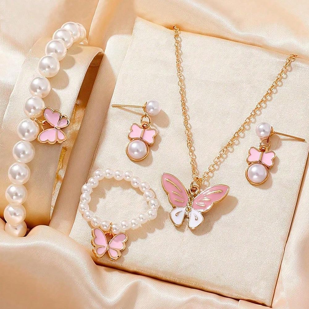 Children's Pearl Alloy Butterfly Necklace & Earring Set - 4-Piece Princess Accessory