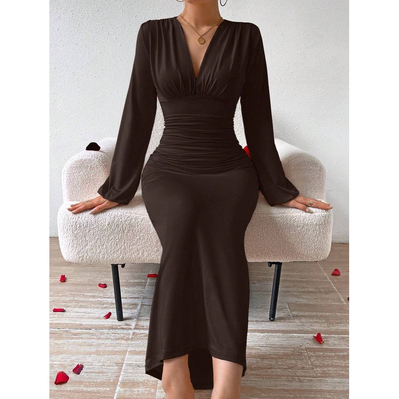 

Sexy Sexy Deep V Neck Ruched Silm Slim Looking Fashion Wind Fashion Feminine Long Sleeves Dress Formal Dress Dark Curry L