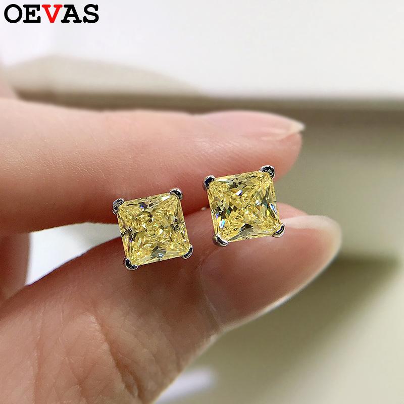 OEVAS 6x6mm Yellow Pink High Carbon Diamond Gemstone Earrings for Women 100% 925 Silver Classic Fine Jewelry