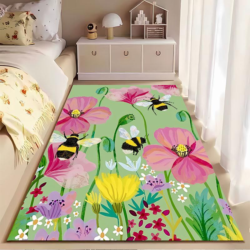 Colorful Flowers and Bumblebees suitable as a non-slip mat for the living room or bedroom sofa