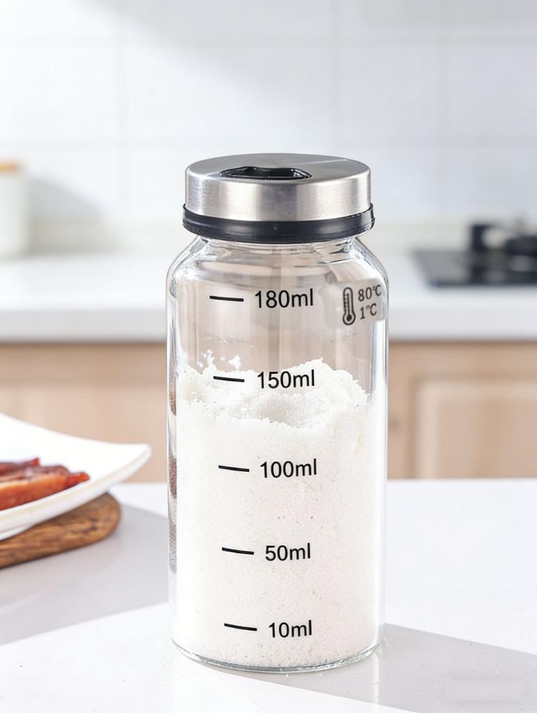 High Borosilicate Glass Spice Jar with Stainless Steel Lid for Kitchen Seasoning Storage Container with Measurement Markings for Salt Pepper Sugar