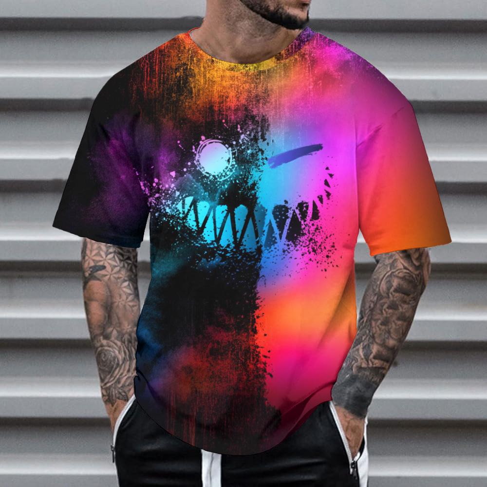 Summer Round Neck 3D Neon Graffiti Skull Graphic Print Top Fashionable Casual Short Sleeved Men's T-shirts