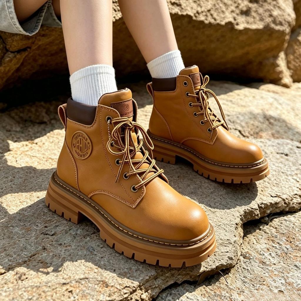 Real Horse Leather Big Yellow Boots Martin Boots Autumn Women's Leather Boots Kick Not Broken Inner Height Increase Outdoor Thick Bottom Tooling