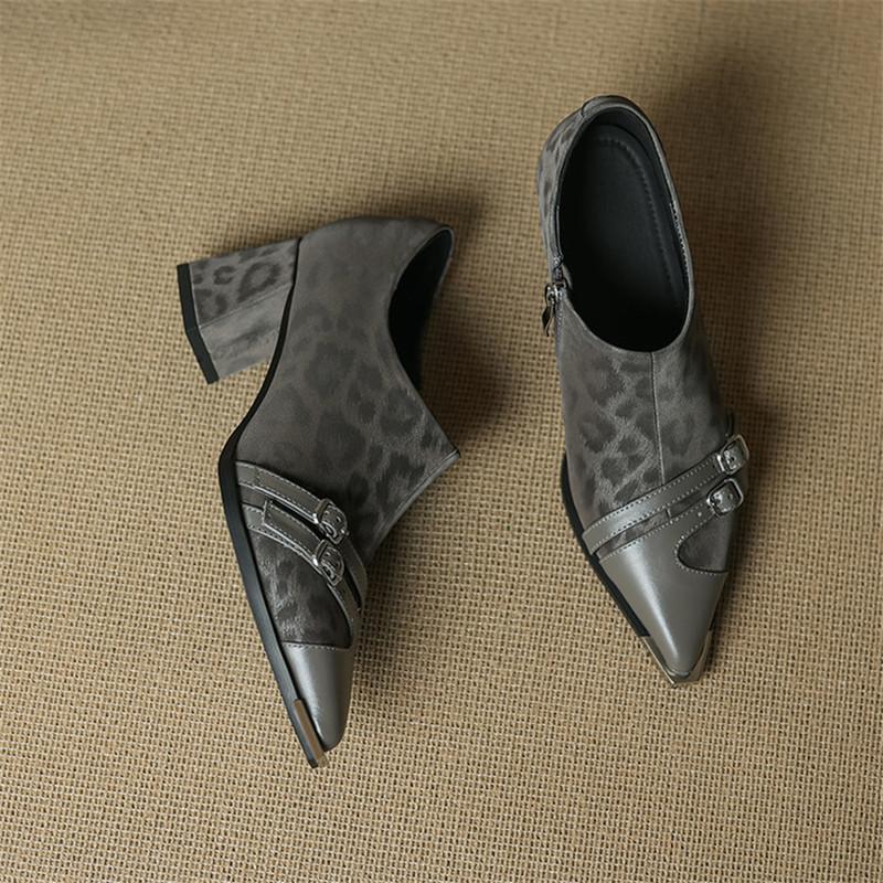 Fashion New Spring Genuine Leather Women Pumps Shoes for Women Fashion Leopard Print Buckle Pointed Toe Loafers Shoes Women High Heels